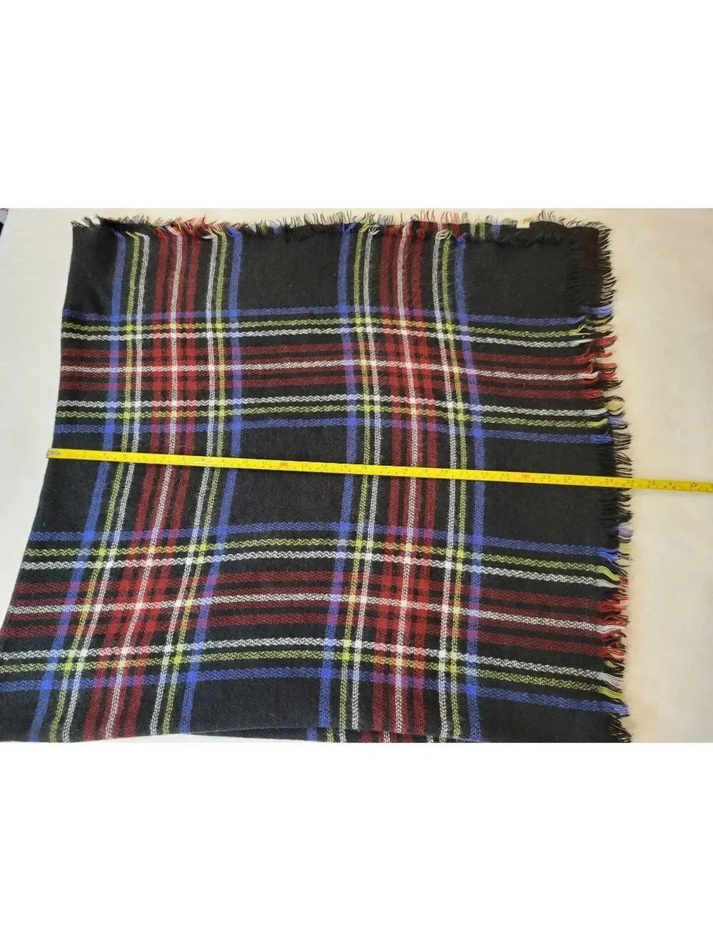 Plaid Fringe Scarf - Black Multi-Color, One Size